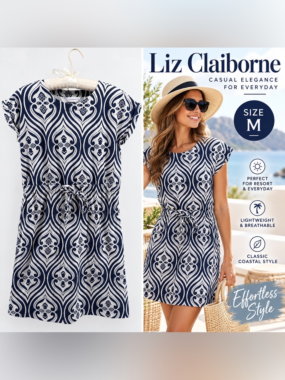Liz Claiborne Dress Women’s M Navy White Geometric Tie Waist Cotton Casual
